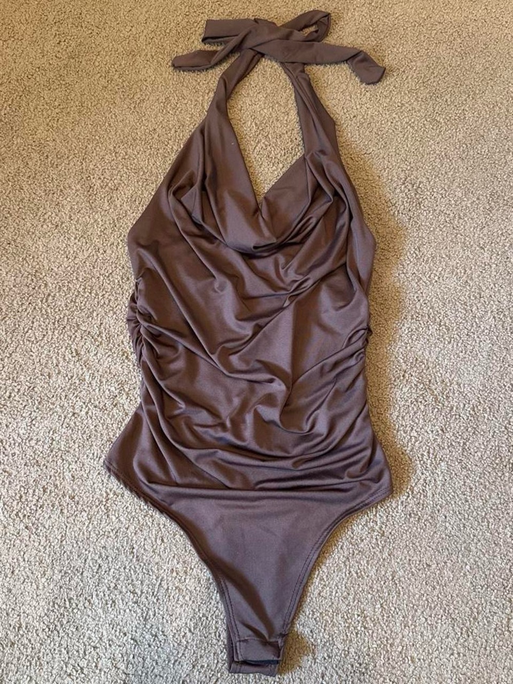 Halter Neck Brown Bodysuit with Draped Front & Open Back